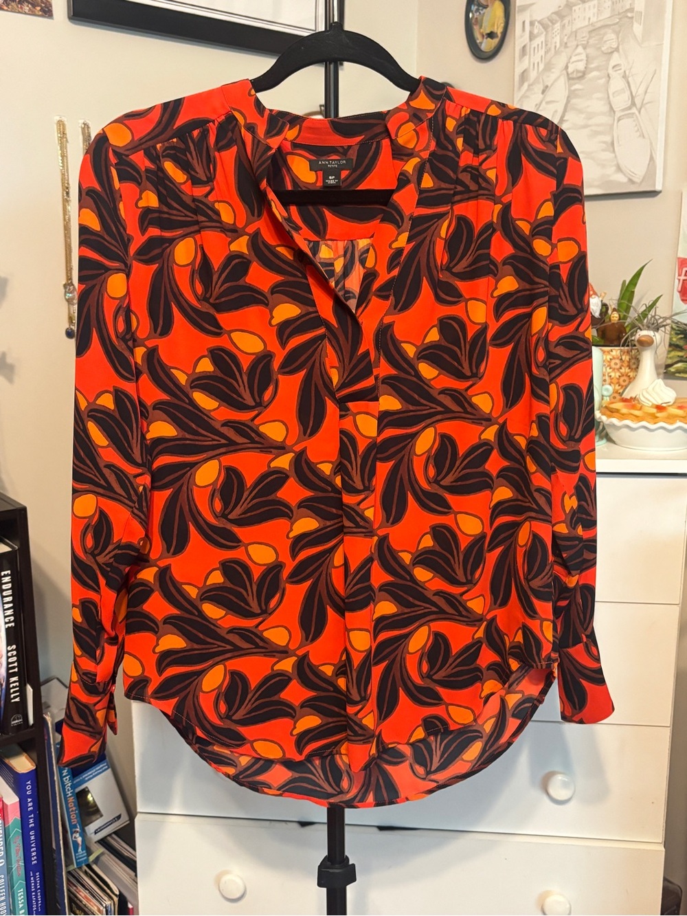Ann Taylor Orange and Black Floral-Print Long Sleeve Blouse